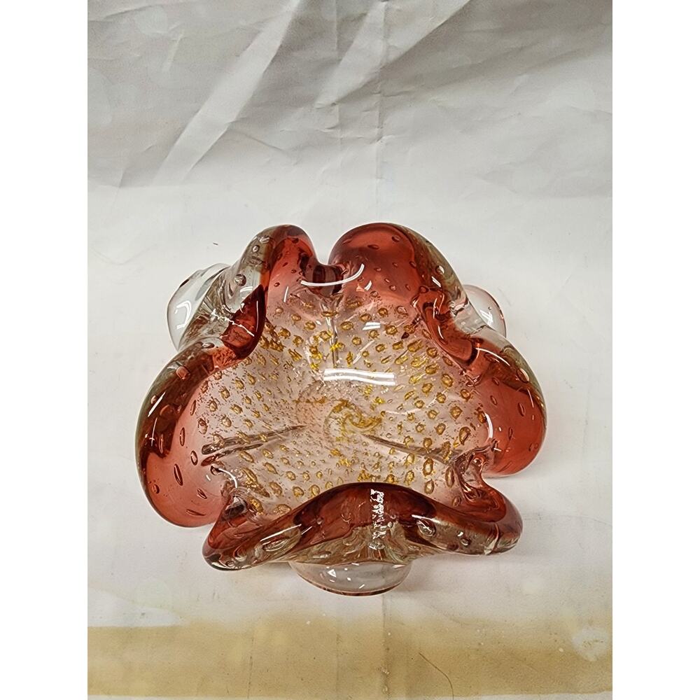 Vintage VENETIAN MURANO Pink Art Glass BOWL w/ Gold Mica Inclusions Bubbles NICE